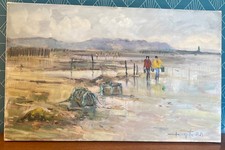 Oil on canvas, Brittany, signed painting, beach, sea, fishing.