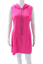 Luli Fama Womens Front Pockets Tie Sleeveless Hooded Swim Cover Up Pink Size M