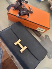 Hermes Black Noir Leather Constance Long Wallet With Rose Gold Hardware