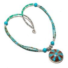Collier corail turquoise fait main boho tibétain népalais perles bijoux 18"...