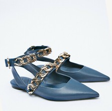 ZARA NEW WOMAN FLAT BALLERINAS WITH CHAIN ANKLE STRAP PETROL BLUE 35-42 1555/810