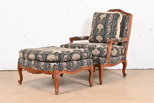 Thomasville French Provincial Louis XV Carved Walnut Fauteuil and Ottoman
