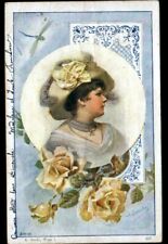 BUST OF WOMEN with HAT & JEWELRY, illustrated by SCHUBERT decor ROSES in1903