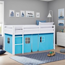 Cadre de Lit superposé enfant 90x200 Sommier Lattes Bois Rideau Bleu Homestyle4u