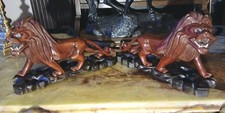 PAIR VINTAGE CHINESE HAND CARVED LION FIGURINES W/NICE WOODEN FOOT STAND BASE
