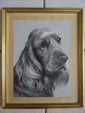 Ecole Française Gouache Ancien Portrait de Chien Signé L. Blanc Cocker