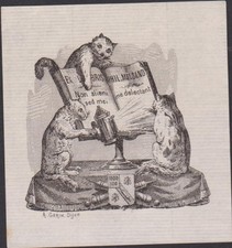 ANTIQUE EX-BOOKPLATE / PHIL MILSAND / A.GERIN DIJON - CATS / LANTERN / COAT OF ARMS BEES