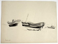 David Hill (American 1914-1977) monochrome watercolour sketch Peniche boats 1959