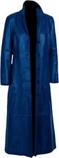 Homme Bleu Cuir Manteau Long 100% Cuir Véritable Trench-Coat Longue Manteau