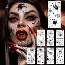 8 Feuilles Grand Kit Tatouage Temporaire Araignée Halloween Visage Toile 