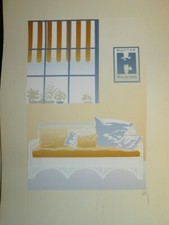 Ecole AMERICAINE XX SIGNEE RARE LITHO SCENE INTERIEUR SALON SOFA 1970-1980