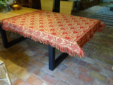 Antique red and ecru tablecloth Napoleon III era linen and cotton embroidery flowers