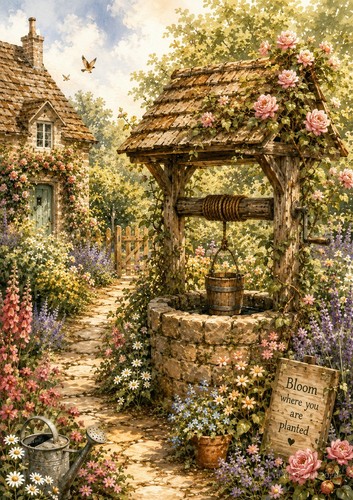 Puits ancien fleuri jardin - puits,