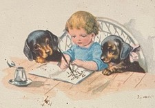 Girl writing lesson DACHSHUND Teckel Puppies signed Elly Frank Old Dog PC 1920