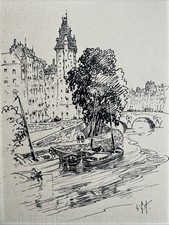 Henri-Charles Guérard (French 1846-1897) Pont Tournant, France, Signed Drawing