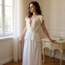 VTG 60s Peignoir BRIDAL Ivory Sheer Lace Satin Nightgown Slip Dress No Tags L/XL