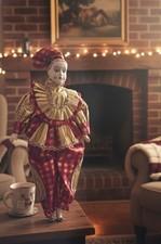 Poupée Clown Harlequin Vintage de Collection - Porcelaine et Soie Dorée/Rose