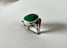 ANCIENNE BAGUE ARGENT MASSIF MALACHITE fleurs stylisées T50