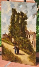 Signed board. Animated Landscape. XlXème Style Oil on Wood Panel Painting.