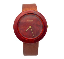 Tissot Swiss Quartz WoodWatch Men’s Wristwatch – Brown Leather Strap – Rare