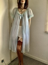 Vtg Sylphide Pale Blue Double Layered Silky Bri Nylon & Lace Peignoir Negligee