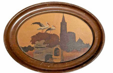 Oval painting PYROGRAVURE decor Stork's nest landscape Alsace signed RODI