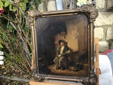 Cadre ancien bois doré chromo sur toile  icône l’homme qui boit scène de rue