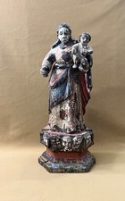 ANCIENNE statue XVIII eme VIERGE A L’ENFANT en bois polychrome église 36 cm