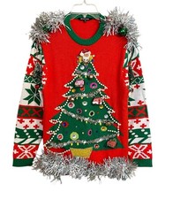 #FollowMe 3D Ugly Christmas Sweater M Tinsel Tree Santa Camper Funny Holiday