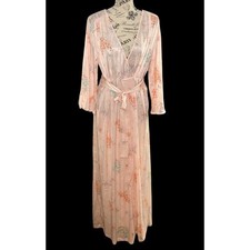 Vtg KOMAR Gown Robe LARGE Peach Satin Floral Maxi Nightgown Negligee Peignoir