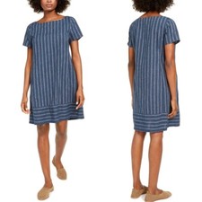 Eileen Fisher Variegated Stripe Bateau Neck Dress blue with pockets size medium