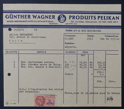 Facture paris 1944 encres - facture,