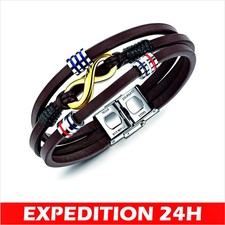 Bracelet en cuir tressé multicouche pour homme, bracelets en acier inoxydable av