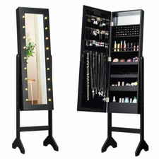 Mirrored Jewelry Cabinet Armoire Organizer w/18 LED lights Black Christmas Gift