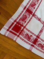Antique linen and cotton floral damascus tablecloth, red bedding with duck decoration