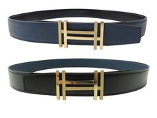 NEUF CEINTURE HERMES BOUCLE H AU CARRE T90 LIEN REVERSIBLE NOIR &amp; BLEU BELT 780€