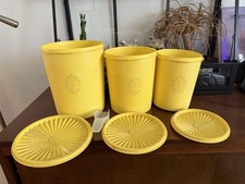 3 Vintage Tupperware Servalier Nesting Canisters w/ Lids Daffodil Yellow + Scoop
