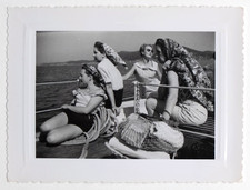 Young women boat wind sunbathing - vintage photo snapshot