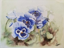 Original Watercolor Signed Flowers "Blue Thoughts"