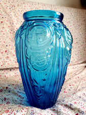 Grand VASE verre BLEU relief fleur ART DECO