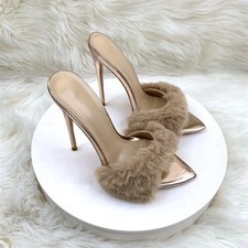 Sexy Women's High Heels Open Toe Slippes Fur Trim Casual Club Prom Sandals Mules