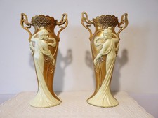Art Nouveau Vases Toscano Salon Michelle 11" Matte Gold & Faux Ivory Relief Pair
