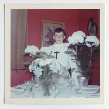 Boy Communion Dining Room Flowers - Vintage Photo Snapshot 1963