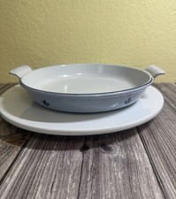 Vintage DRU Holland Blue Tulips Enameled Round Baking Dish Rare #25 w2 Handles