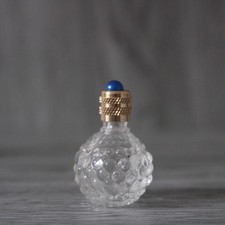 Miniature de parfum vide, bouteille en verre de forme boule picot, couleur bleue