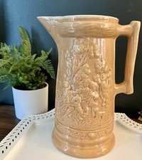 Vintage Faux Bois pitcher with village scene and branch handle. Antique Majolica