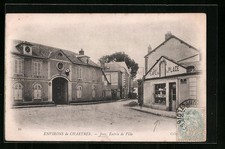 Old postcard Jouy, city entrance, café de la Place 