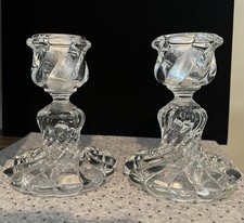 Pair Signed Baccarat French Art Glass Crystal BAMBOUS SWIRL CANDLESTICKS Holders