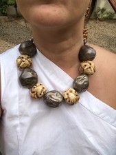 Large Designer Sterling Hollow Beads & Carved Ram Head Bone Necklace 16"