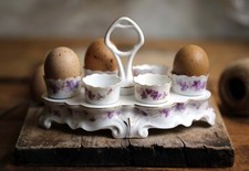 6 Egg Cups Set & Caddy Pink Flower Motif Antique White Porcelain Holder French